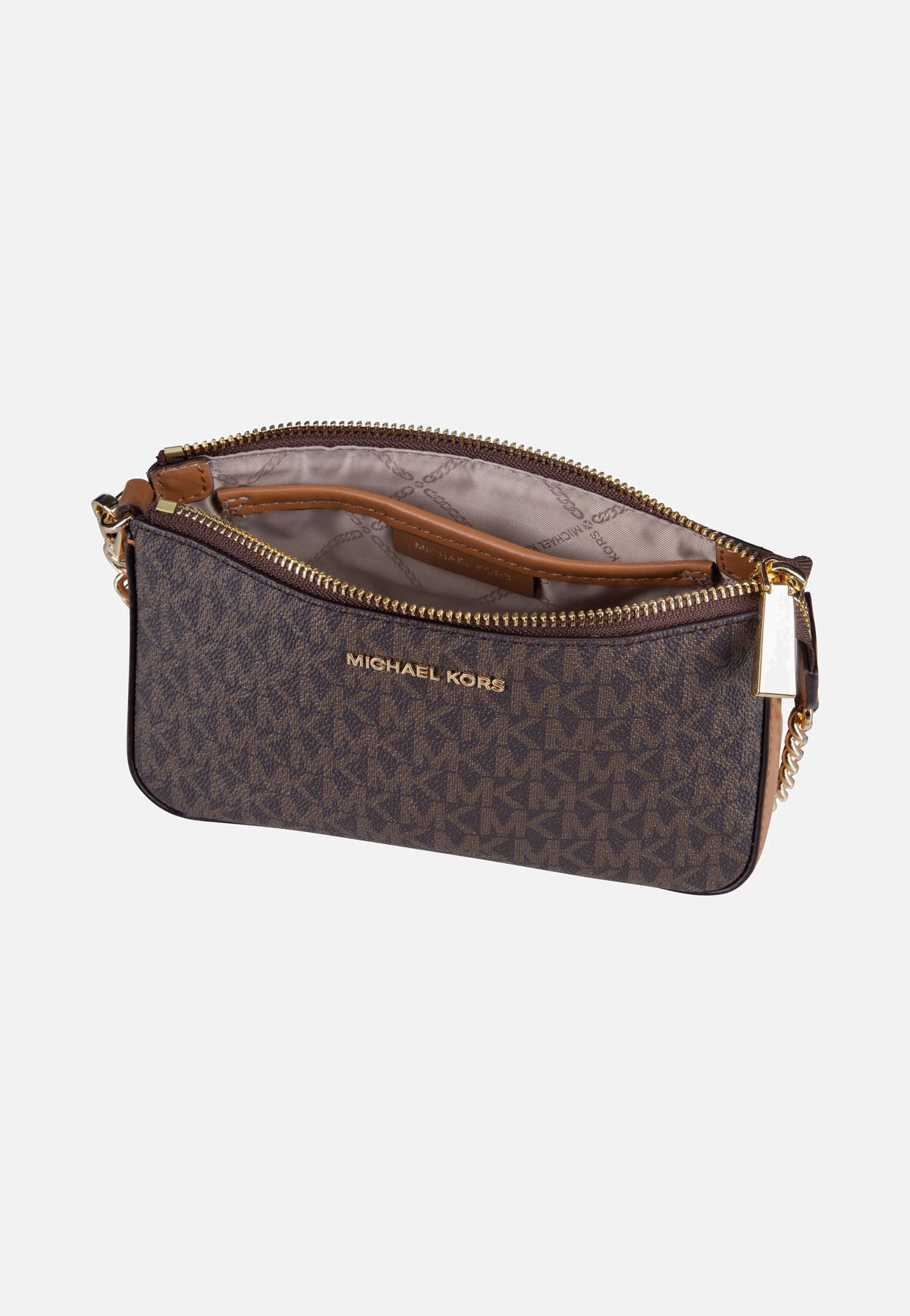 Michael Kors Jet Set Medium Chain Pouchette Lux MK Signature Brown Abendtasche