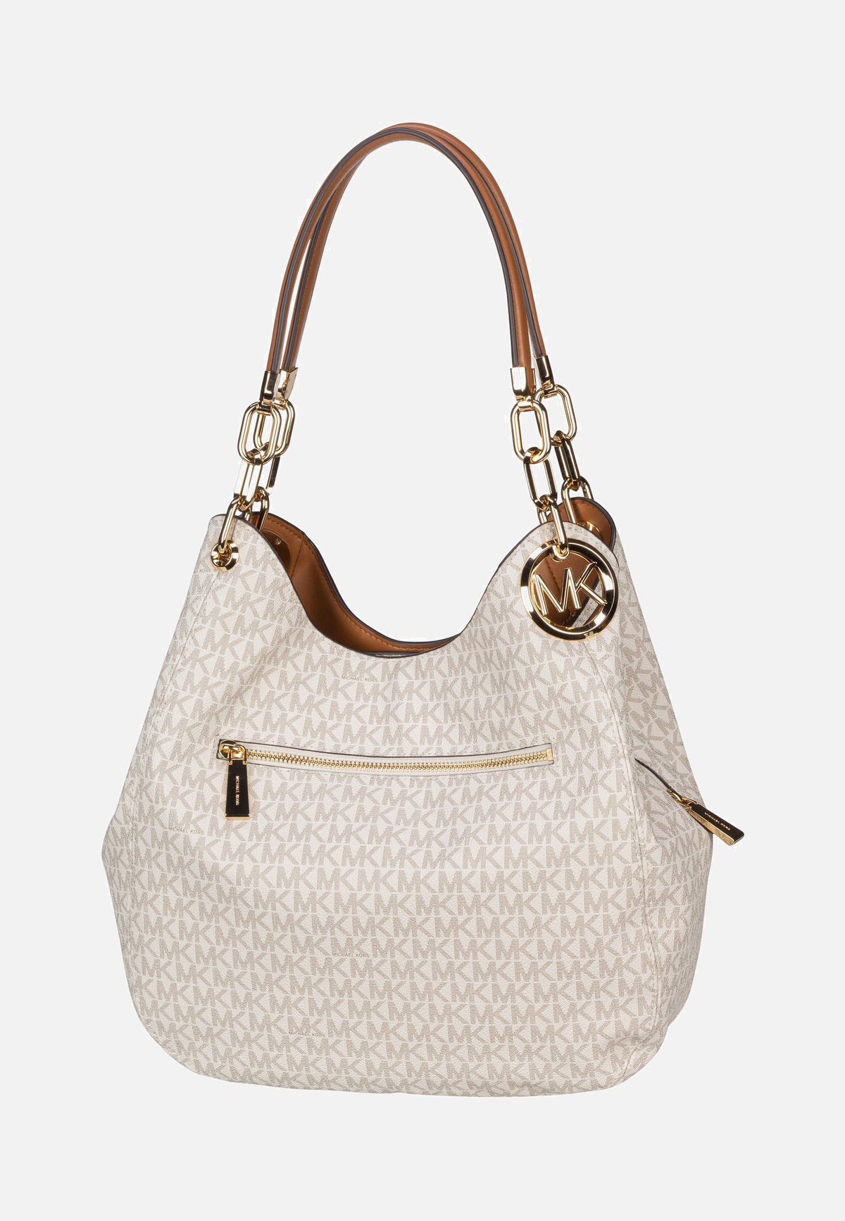 Michael Kors Lillie Large Chain Shoulder Tote MK Signature Vanilla/Acorn Hobo Bag